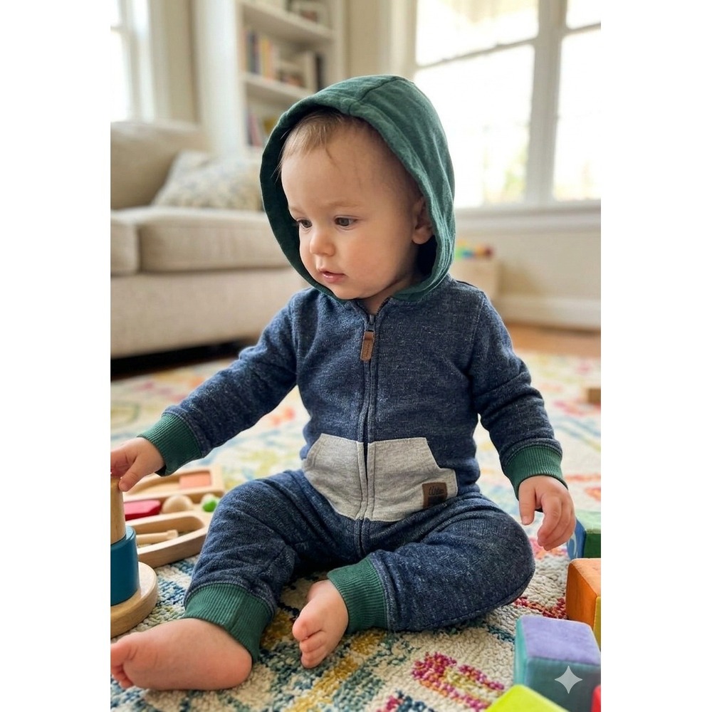 Carters Little Dude Baby Boy Hooded Jumpsuit Blue Green 12 Months 100% Cotton